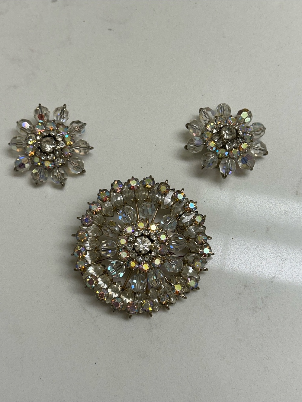Crystal Aurora Borealis Floral Brooch and Earring Set